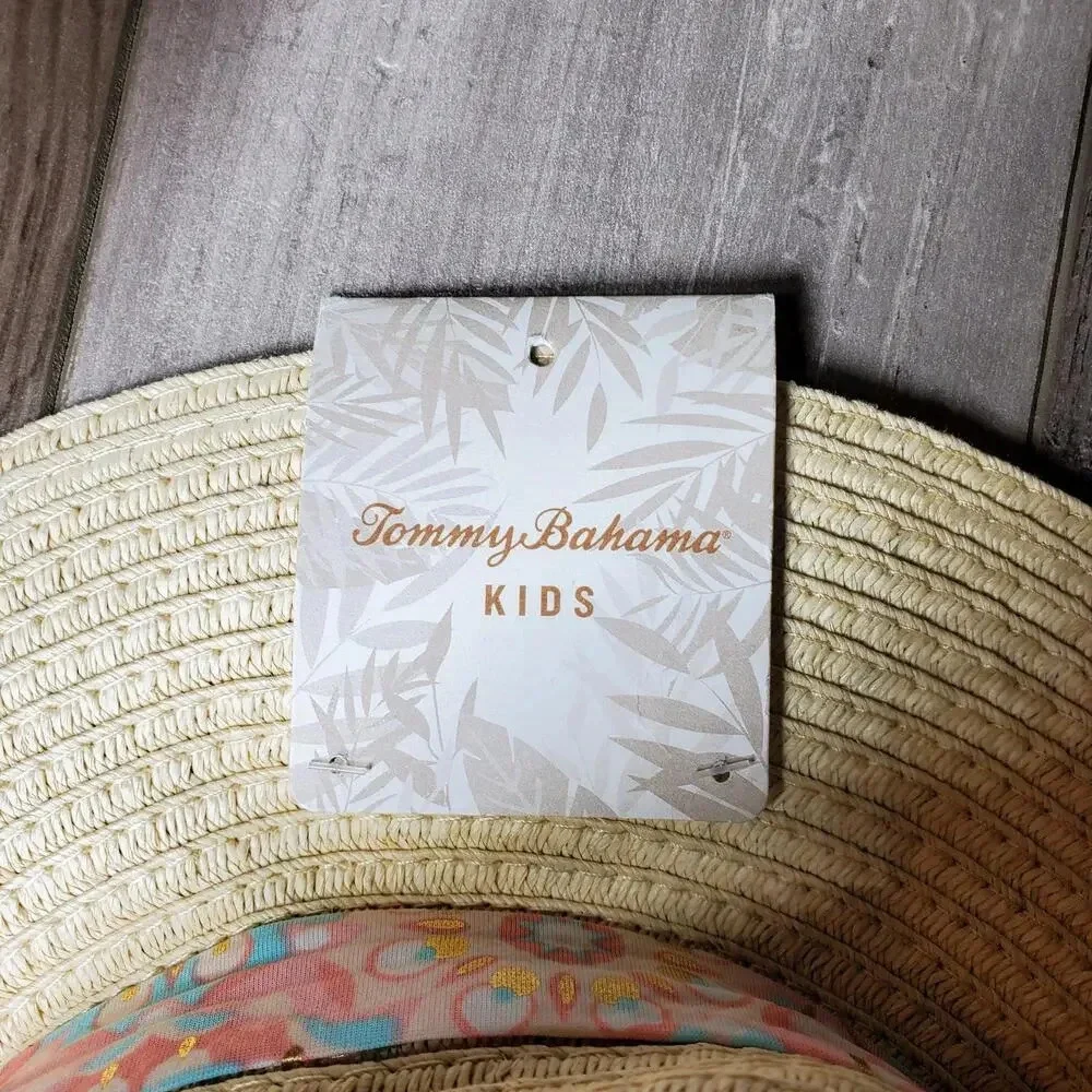 NWT Tommy Bahama Kids Girls Straw Hat with Blue & Pink Metallic Bow